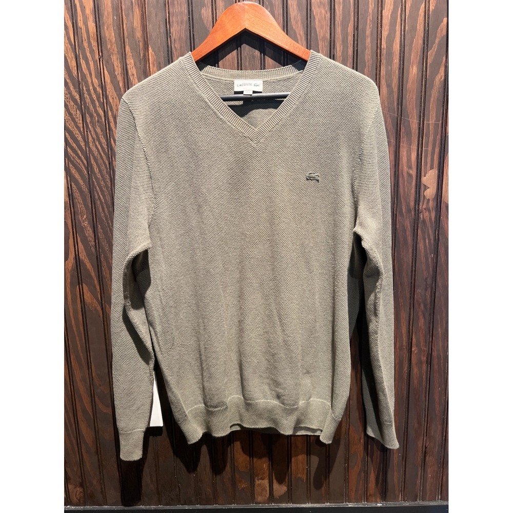 Lacoste Mens V-Neck Sweater Sage Green Textured Waffle Knit Size US M FR 4